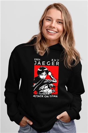 Eren Jaeger Baskılı Unisex Siyah Hoodie