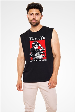 Eren Jaeger Baskılı Unisex Siyah Kolsuz Tişört - Tshirt