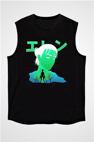 Eren Jaeger Baskılı Unisex Siyah Kolsuz Tişört - Tshirt