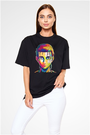 Eren Jaeger Baskılı Unisex Siyah Oversize Tişört - Tshirt