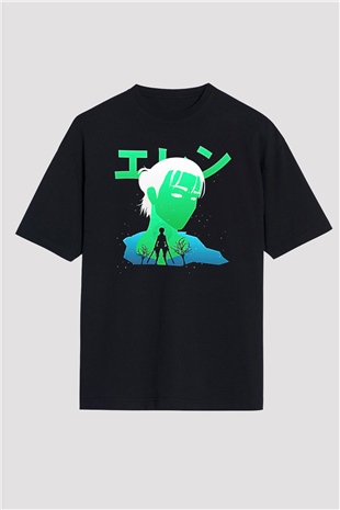 Eren Jaeger Baskılı Unisex Siyah Oversize Tişört - Tshirt