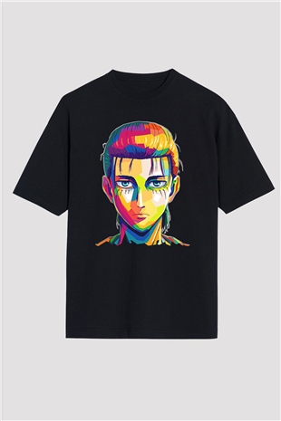 Eren Jaeger Baskılı Unisex Siyah Oversize Tişört - Tshirt