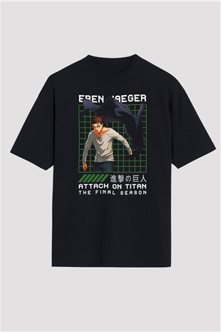 Eren Jaeger Baskılı Unisex Siyah Oversize Tişört - Tshirt