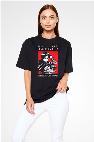 Eren Jaeger Baskılı Unisex Siyah Oversize Tişört - Tshirt