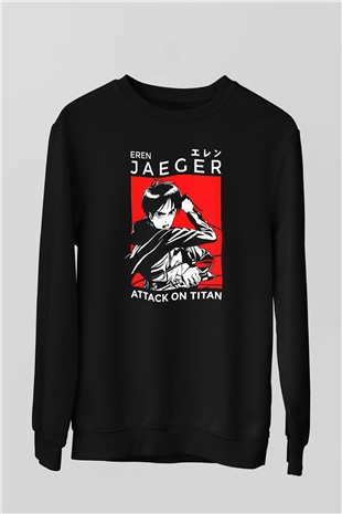 Eren Jaeger Baskılı Unisex Siyah Sweatshirt