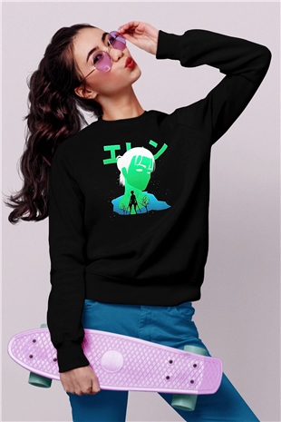 Eren Jaeger Baskılı Unisex Siyah Sweatshirt