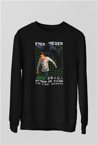Eren Jaeger Baskılı Unisex Siyah Sweatshirt