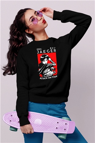 Eren Jaeger Baskılı Unisex Siyah Sweatshirt