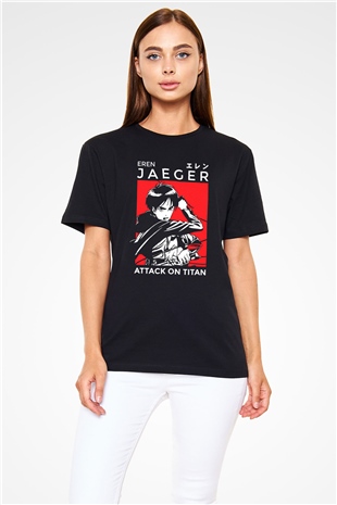 Eren Jaeger Baskılı Unisex Siyah Tişört - Tshirt