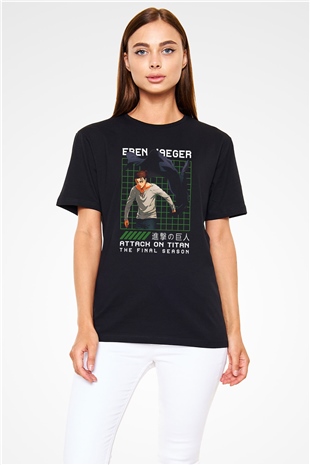 Eren Jaeger Baskılı Unisex Siyah Tişört - Tshirt