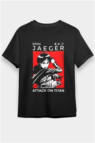 Eren Jaeger Baskılı Unisex Siyah Tişört - Tshirt