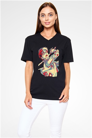 Eren Jaeger Baskılı Unisex Siyah V Yaka Tişört - Tshirt