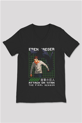 Eren Jaeger Baskılı Unisex Siyah V Yaka Tişört - Tshirt