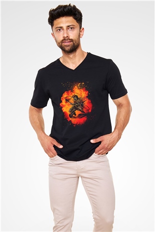 Eren Jaeger Baskılı Unisex Siyah V Yaka Tişört - Tshirt