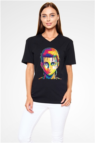 Eren Jaeger Baskılı Unisex Siyah V Yaka Tişört - Tshirt
