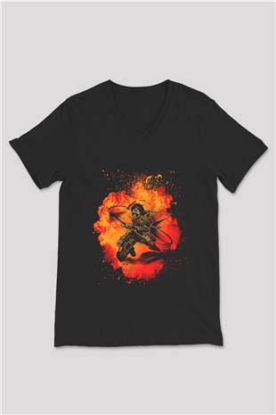 Eren Jaeger Baskılı Unisex Siyah V Yaka Tişört - Tshirt