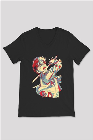 Eren Jaeger Baskılı Unisex Siyah V Yaka Tişört - Tshirt