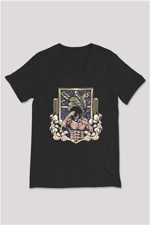 Eren Jaeger Baskılı Unisex Siyah V Yaka Tişört - Tshirt