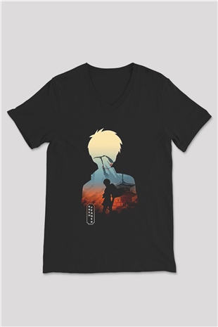 Eren Jaeger Baskılı Unisex Siyah V Yaka Tişört - Tshirt