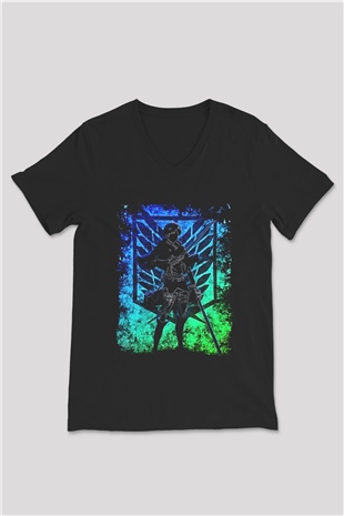 Eren Jaeger Baskılı Unisex Siyah V Yaka Tişört - Tshirt