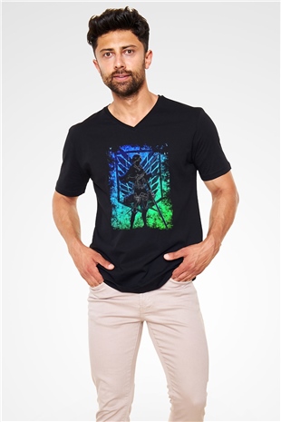 Eren Jaeger Baskılı Unisex Siyah V Yaka Tişört - Tshirt