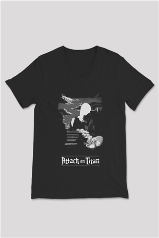 Eren Jaeger Baskılı Unisex Siyah V Yaka Tişört - Tshirt
