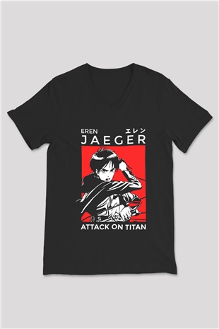 Eren Jaeger Baskılı Unisex Siyah V Yaka Tişört - Tshirt
