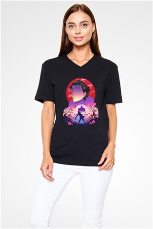 Eren Jaeger Baskılı Unisex Siyah V Yaka Tişört - Tshirt