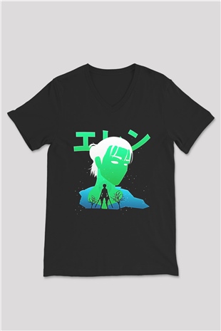 Eren Jaeger Baskılı Unisex Siyah V Yaka Tişört - Tshirt