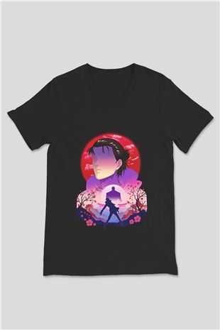 Eren Jaeger Baskılı Unisex Siyah V Yaka Tişört - Tshirt