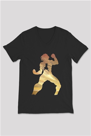 Eren Jaeger Baskılı Unisex Siyah V Yaka Tişört - Tshirt