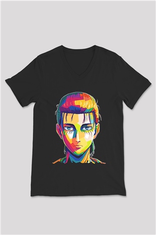 Eren Jaeger Baskılı Unisex Siyah V Yaka Tişört - Tshirt