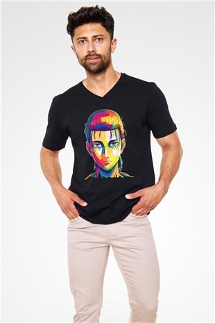 Eren Jaeger Baskılı Unisex Siyah V Yaka Tişört - Tshirt