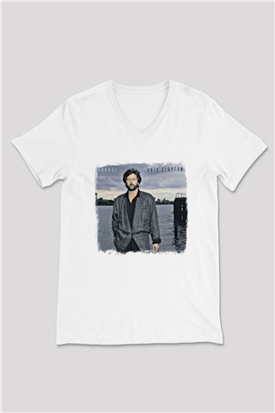 Eric Clapton Baskılı Unisex Beyaz V Yaka Tişört