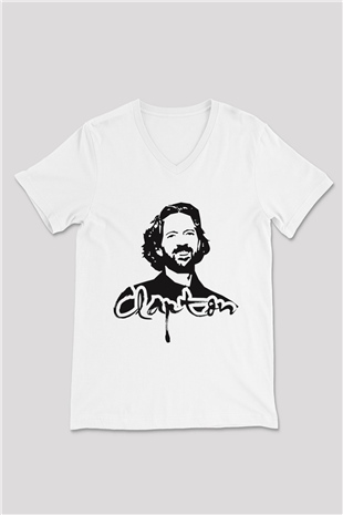 Eric Clapton Beyaz Unisex V Yaka Tişört T-Shirt