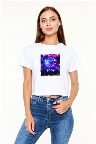 Eric Prydz Baskılı Beyaz Kadın Crop Top Tişört