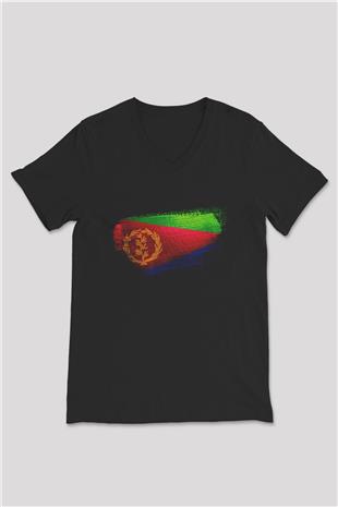 Eritre - Eritrea Bayrağı Baskılı Unisex Siyah V Yaka Tişört