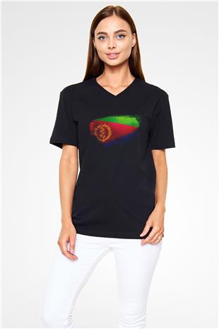 Eritre - Eritrea Bayrağı Baskılı Unisex Siyah V Yaka Tişört