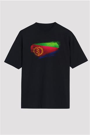 Eritre - Eritrea Bayrağı Baskılı Unisex Siyah Oversize Tişört