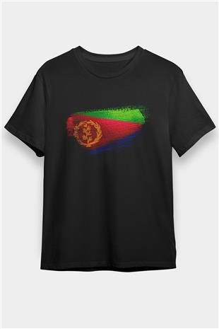 Eritre - Eritrea Bayrağı Baskılı Unisex Siyah Tişört