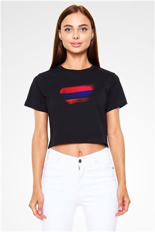 Ermenistan - Armenia Bayrağı Baskılı Kadın Crop Top Siyah Tişört