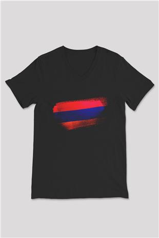 Ermenistan - Armenia Bayrağı Baskılı Unisex Siyah V Yaka Tişört