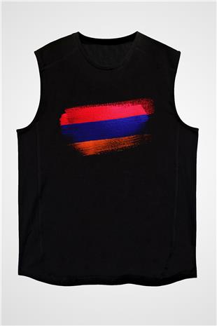 Ermenistan - Armenia Bayrağı Baskılı Unisex Siyah Kolsuz Tişört