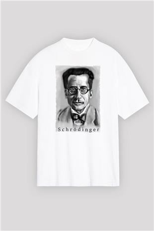 Erwin Schrödinger Baskılı Unisex Oversize Beyaz Tişört - Tshirt