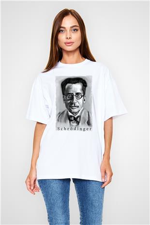 Erwin Schrödinger Baskılı Unisex Oversize Beyaz Tişört - Tshirt