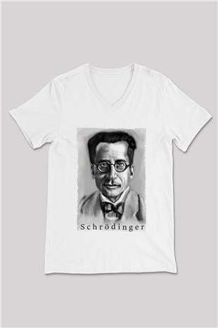 Erwin Schrödinger Baskılı Unisex V Yaka Beyaz Tişört - Tshirt