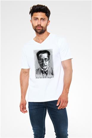 Erwin Schrödinger Baskılı Unisex V Yaka Beyaz Tişört - Tshirt