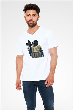 Escape From Tarkov Baskılı Beyaz Unisex V Yaka Tişört - Tshirt