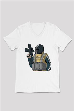 Escape From Tarkov Baskılı Beyaz Unisex V Yaka Tişört - Tshirt