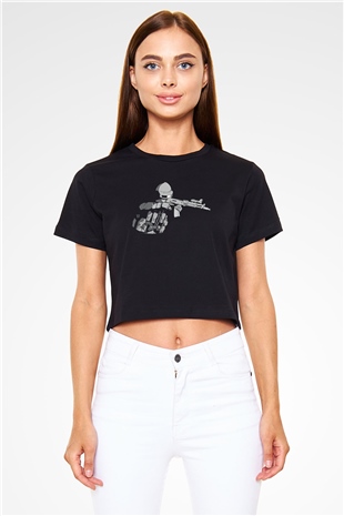 Escape From Tarkov Baskılı Siyah Crop Top Kadın Tişört - Tshirt